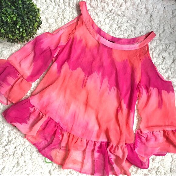 Sweet Pea by Staci Frati Cold Shoulder Tie Dye Blouse Pink Orange Size M NWOT - Picture 2 of 6